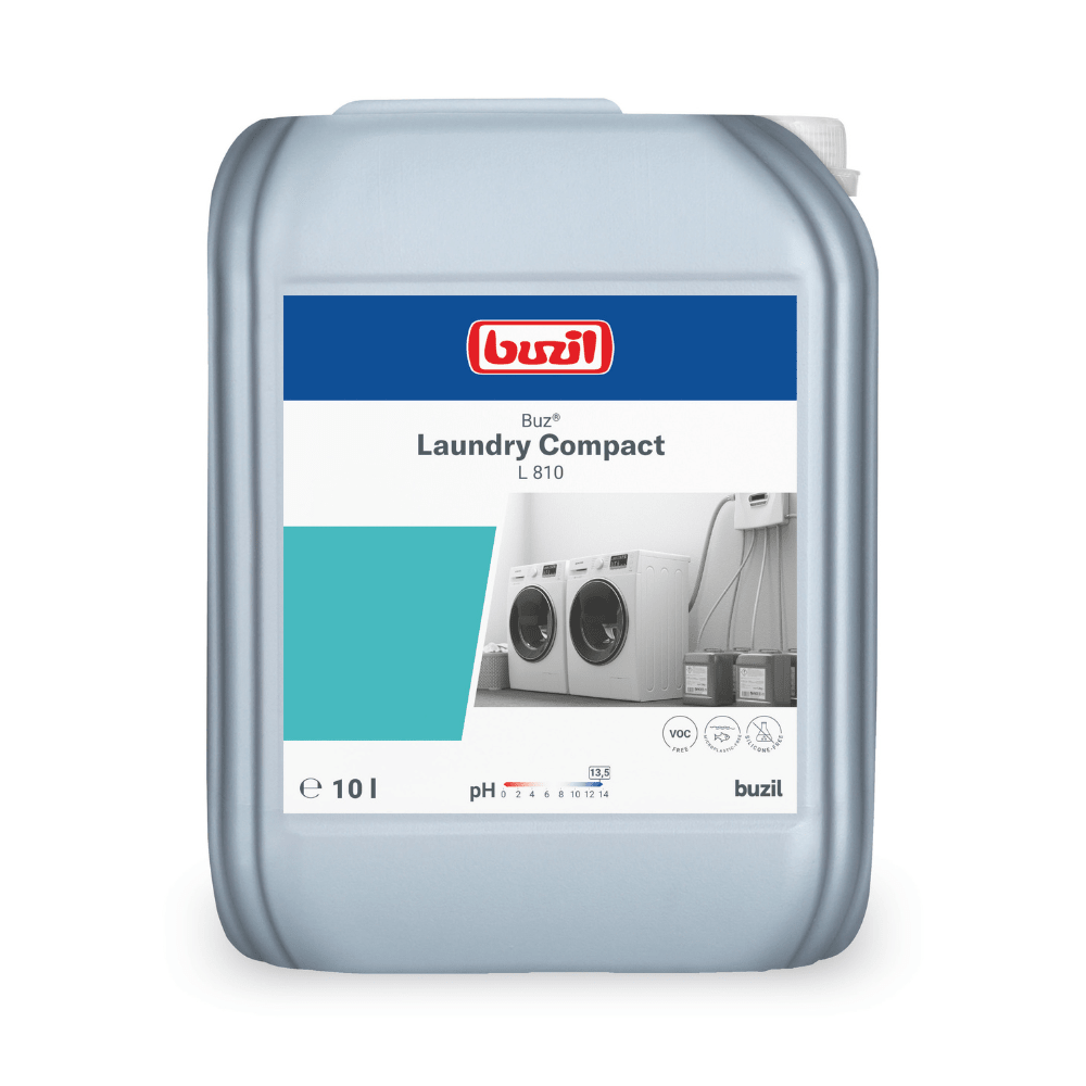 Pictured is a large 10-liter container with Buzil Buz® Laundry Compact L 810 High Concentrate Liquid Detergent from BUZIL-WERK Wagner GmbH & Co. KG. It is equipped with a blue-white label with images of industrial washing machines, indicating its suitability for professional textile care. The pH and VOC information is also listed on the label.