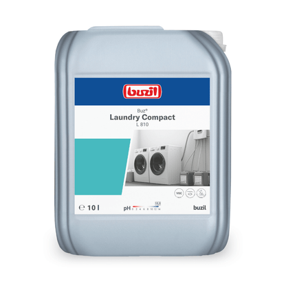 Pictured is a large 10-liter container with Buzil Buz® Laundry Compact L 810 High Concentrate Liquid Detergent from BUZIL-WERK Wagner GmbH & Co. KG. It is equipped with a blue-white label with images of industrial washing machines, indicating its suitability for professional textile care. The pH and VOC information is also listed on the label.