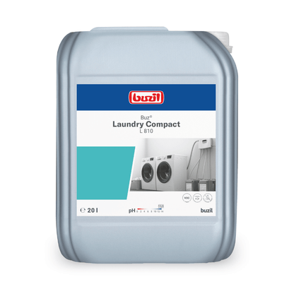 Professional textile care offers a 20-liter container of Buzil Buz® Laundry Compact L 810 High Concentrate Liquid Detergent from BUZIL-WERK Wagner GmbH & Co. KG. The label, adorned with images of washing machines, provides information on pH value, filling quantity, and application. It impresses with a simple blue-white design on a light gray container.