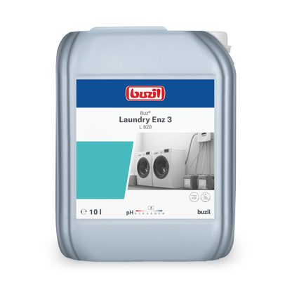 A 10-liter container with Buzil Buz® Laundry Enz 3 L 820, manufactured by BUZIL-WERK Wagner GmbH & Co. KG, is marked with the logo and product details. The label is aimed at professional users and shows images of washing machines as well as information on liquid quantity and pH value. This container with enzyme-containing liquid detergent concentrate has a carrying handle and a cap on top.