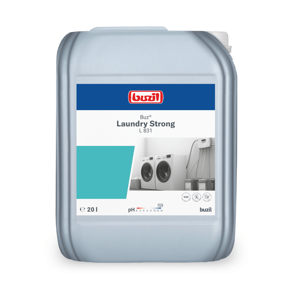 The 20-liter container of Buzil Buz® Laundry Strong L 831 Liquid Detergent Enhancer from BUZIL-WERK Wagner GmbH & Co. KG is equipped with a label featuring washing machine motifs and emphasizes its exceptional cleaning power. The label on the front includes the Buzil logo and information about the pH value, thus guaranteeing powerful cleaning with every use.