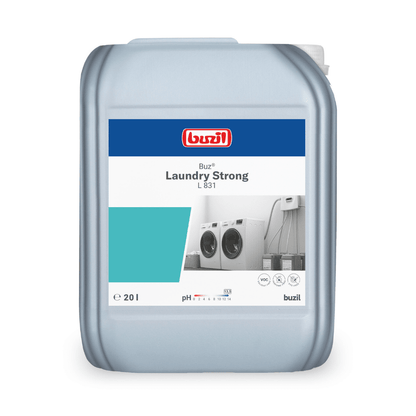 The 20-liter container of Buzil Buz® Laundry Strong L 831 Liquid Detergent Enhancer from BUZIL-WERK Wagner GmbH & Co. KG is equipped with a label featuring washing machine motifs and emphasizes its exceptional cleaning power. The label on the front includes the Buzil logo and information about the pH value, thus guaranteeing powerful cleaning with every use.