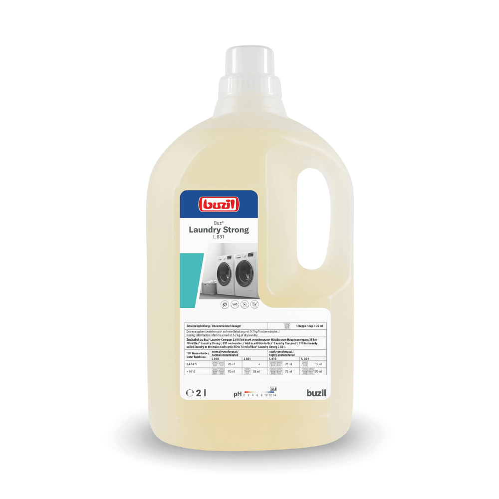 A white plastic canister with the inscription "Buzil Buz® Laundry Strong L 831" from BUZIL-WERK Wagner GmbH & Co. KG serves as a powerful cleaning agent. The container is equipped with a carrying handle and a label with application instructions and product information. Inside, the liquid detergent enhancer is light yellow and effectively enhances every wash load.