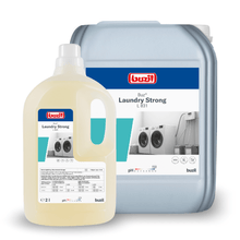Displayed are two containers with the liquid detergent enhancer Buzil Buz® Laundry Strong L 831 from BUZIL-WERK Wagner GmbH & Co. KG. The smaller bottle holds two liters, while the larger one is ideal for bulk use as a powerful liquid detergent enhancer. Both are equipped with labels featuring washing machine images and product details.