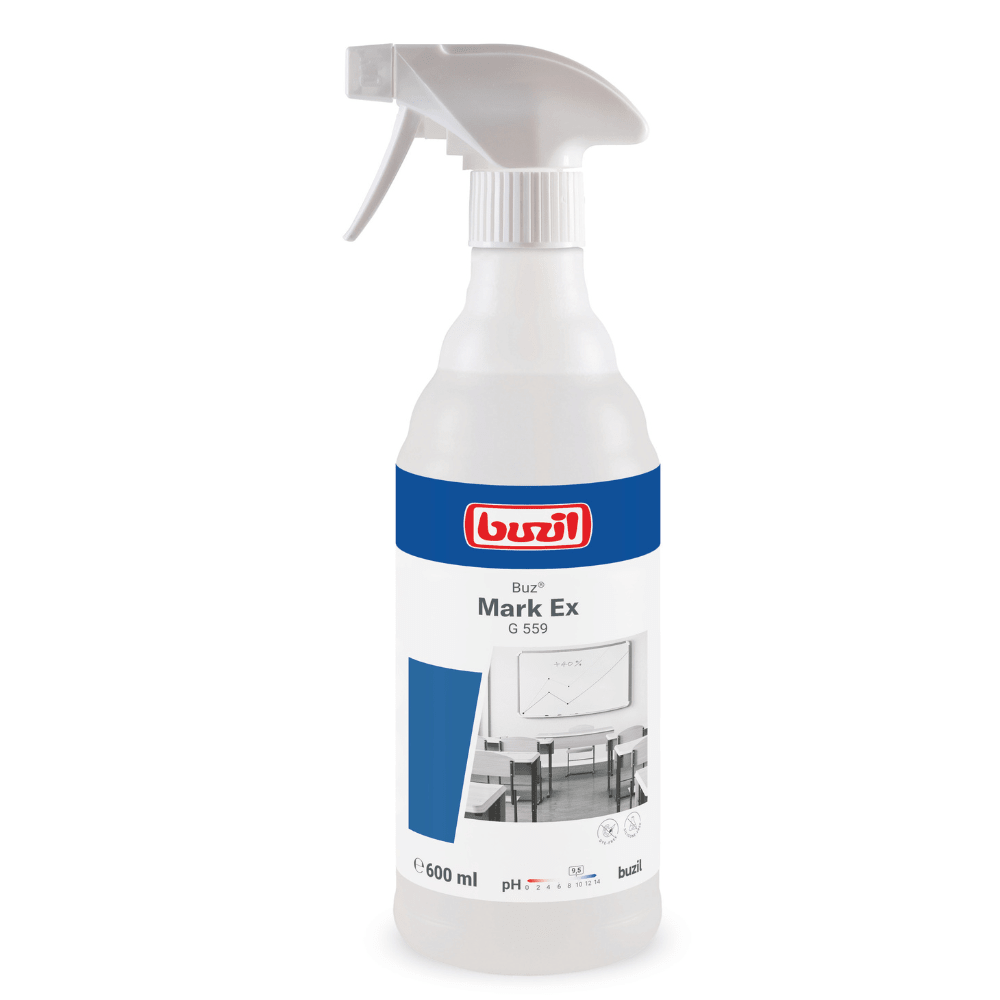 The 600 ml spray bottle "Buzil Buz® Mark Ex G 559 ready-to-use surface and plastic cleaner" from BUZIL-WERK Wagner GmbH & Co. KG in a blue-red design is optimally suited for cleaning whiteboards and chairs. The nozzle is white, and the bottle made of translucent plastic makes it the ideal choice for versatile surface cleaning tasks.