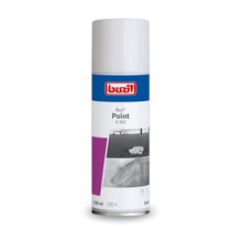 A stain remover bottle Buzil Buz® Point G 502 from BUZIL-WERK Wagner GmbH & Co. KG, ideal for textile coverings and surfaces. The 200 ml bottle features a white label with red-blue branding, adorned with an image of a table with a cloth, effectively removing water-insoluble dirt.