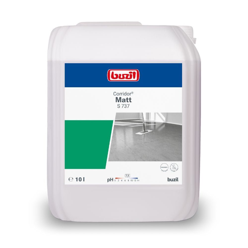 A 10-liter container of the silk matte dispersion Buzil Corridor® Matt S 737, manufactured by BUZIL-WERK Wagner GmbH & Co. KG, is labeled with a semi-matte finish. It features the brand logo, the product name, and an image of floor coverings, with design elements in green and gray completing the appearance.