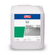A 10-liter container of the silk matte dispersion Buzil Corridor® Matt S 737, manufactured by BUZIL-WERK Wagner GmbH & Co. KG, is labeled with a semi-matte finish. It features the brand logo, the product name, and an image of floor coverings, with design elements in green and gray completing the appearance.