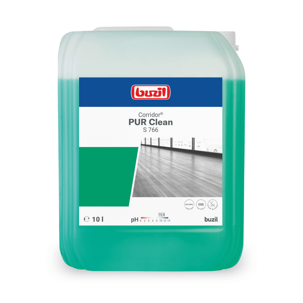 Image of a 10-liter container of Buzil Corridor® PUR Clean S 766 ultra-wetting floor cleaner with odor blocker from BUZIL-WERK Wagner GmbH & Co. KG. The container filled with green liquid shows the product label with measurement and pH information as well as an image of a spotless wooden floor. Ideal for keeping floors smelling fresh with its odor blocker formula.
