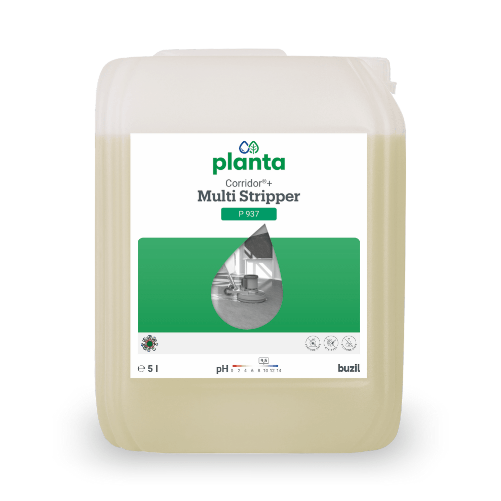 A 5-liter container of Buzil Corridor® Power Stripper P 937, a high-performance universal base cleaning floor cleaning solution from BUZIL-WERK Wagner GmbH & Co. KG. The label is designed in green and white and features a small floor cleaning illustration, a pH value indicator, and the Buzil logo indicating material compatibility.