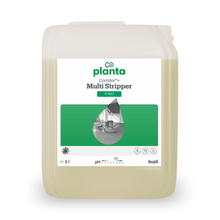 A 5-liter container of Buzil Corridor® Power Stripper P 937, a high-performance universal base cleaning floor cleaning solution from BUZIL-WERK Wagner GmbH & Co. KG. The label is designed in green and white and features a small floor cleaning illustration, a pH value indicator, and the Buzil logo indicating material compatibility.