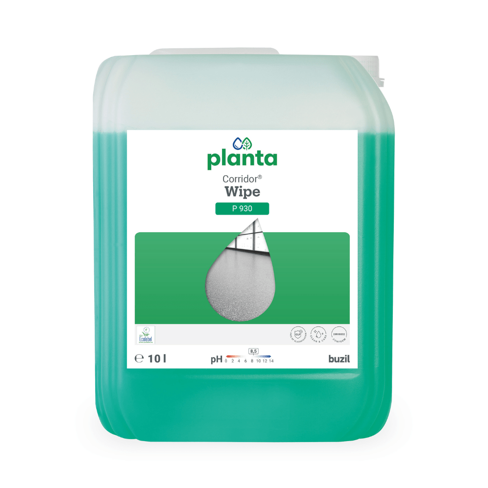 Displayed is a 10-liter container of Buzil Corridor® Wipe P 930, known for its ecological, polymer-based wipe care with odor blocker. The transparent container allows you to see the green liquid inside. The label clearly shows the brand name, product name, and pH value of BUZIL-WERK Wagner GmbH & Co. KG, emphasizing the company's commitment to ecological cleaning care.