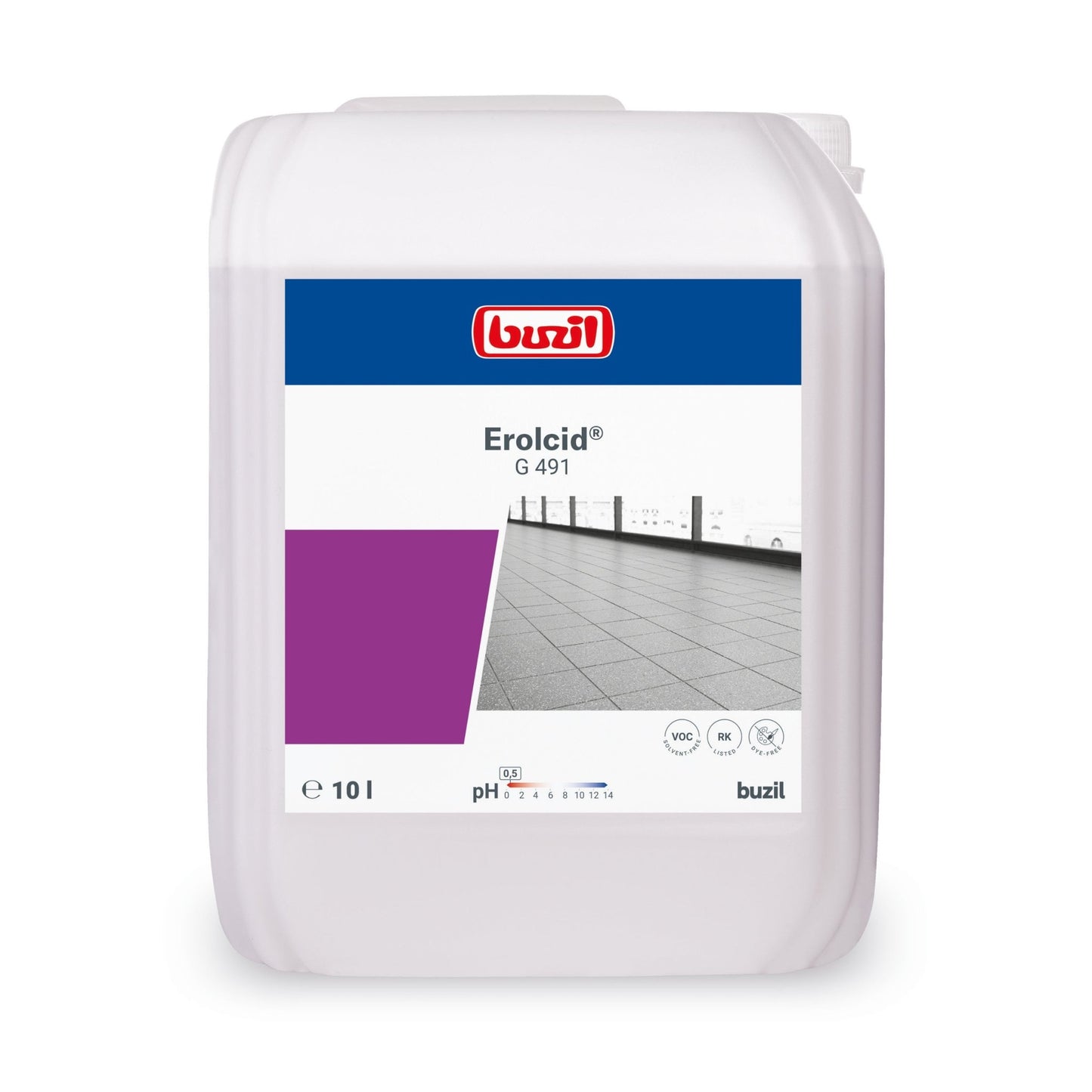 The image shows a 10-liter container of Buzil Erolcid® G 491 Acidic Intensive Cleaner for porcelain stoneware tiles from BUZIL-WERK Wagner GmbH & Co. KG, which emits a refreshing citrus scent. The label contains the Buzil logo, a purple rectangle, and an image of porcelain stoneware tiles. The product's pH value is listed as 1.
