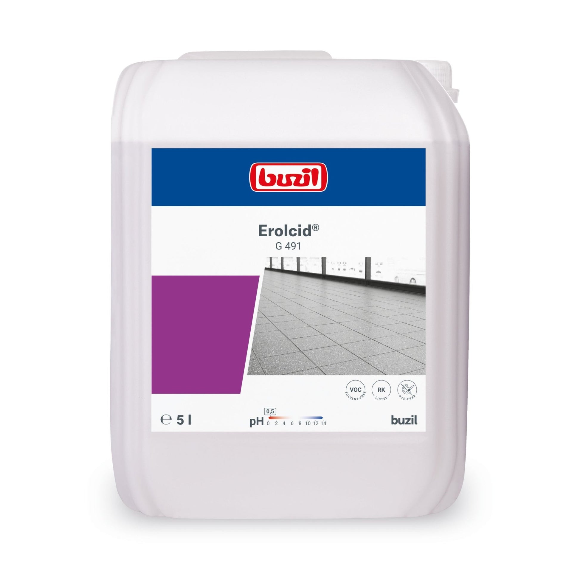 A 5-liter container of Buzil Erolcid® G 491 Acidic Intensive Cleaner for porcelain stoneware tiles emits a refreshing citrus scent. The label features the brand logo of BUZIL-WERK Wagner GmbH & Co. KG, the product name, and an image of porcelain stoneware tiles, highlighting its special cleaning effect.