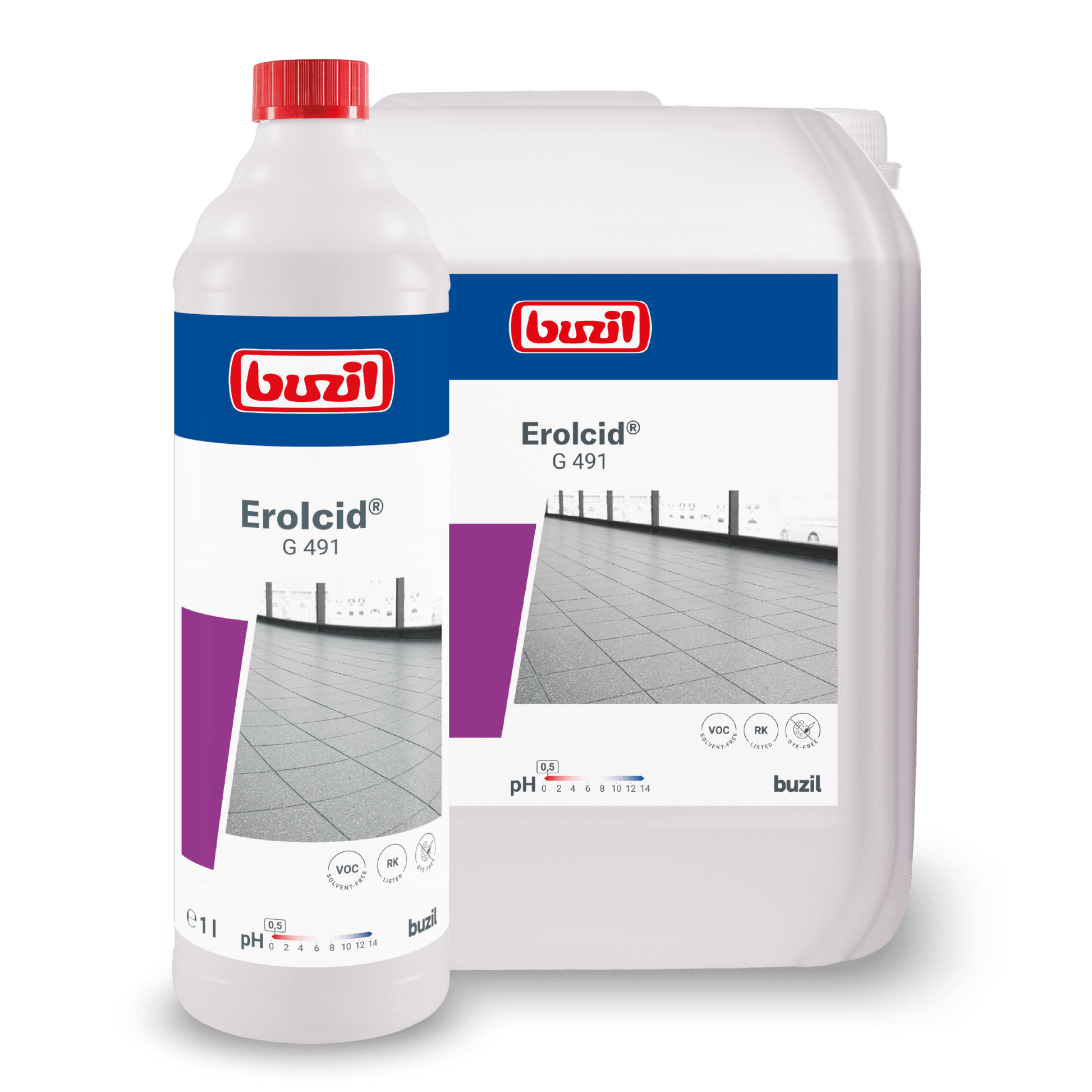 Displayed are a plastic bottle and a container with Buzil Erolcid® G 491 Acidic Intensive Cleaner for porcelain stoneware tiles, featuring the brand logo of BUZIL-WERK Wagner GmbH & Co. KG and a tile floor image on the label. The bottle with the red cap is an ideal special cleaner for porcelain stoneware tiles, enhanced with a refreshing citrus scent.