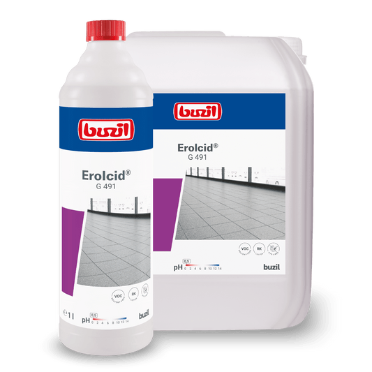 Displayed are a plastic bottle and a container with Buzil Erolcid® G 491 Acidic Intensive Cleaner for porcelain stoneware tiles, featuring the brand logo of BUZIL-WERK Wagner GmbH & Co. KG and a tile floor image on the label. The bottle with the red cap is an ideal special cleaner for porcelain stoneware tiles, enhanced with a refreshing citrus scent.