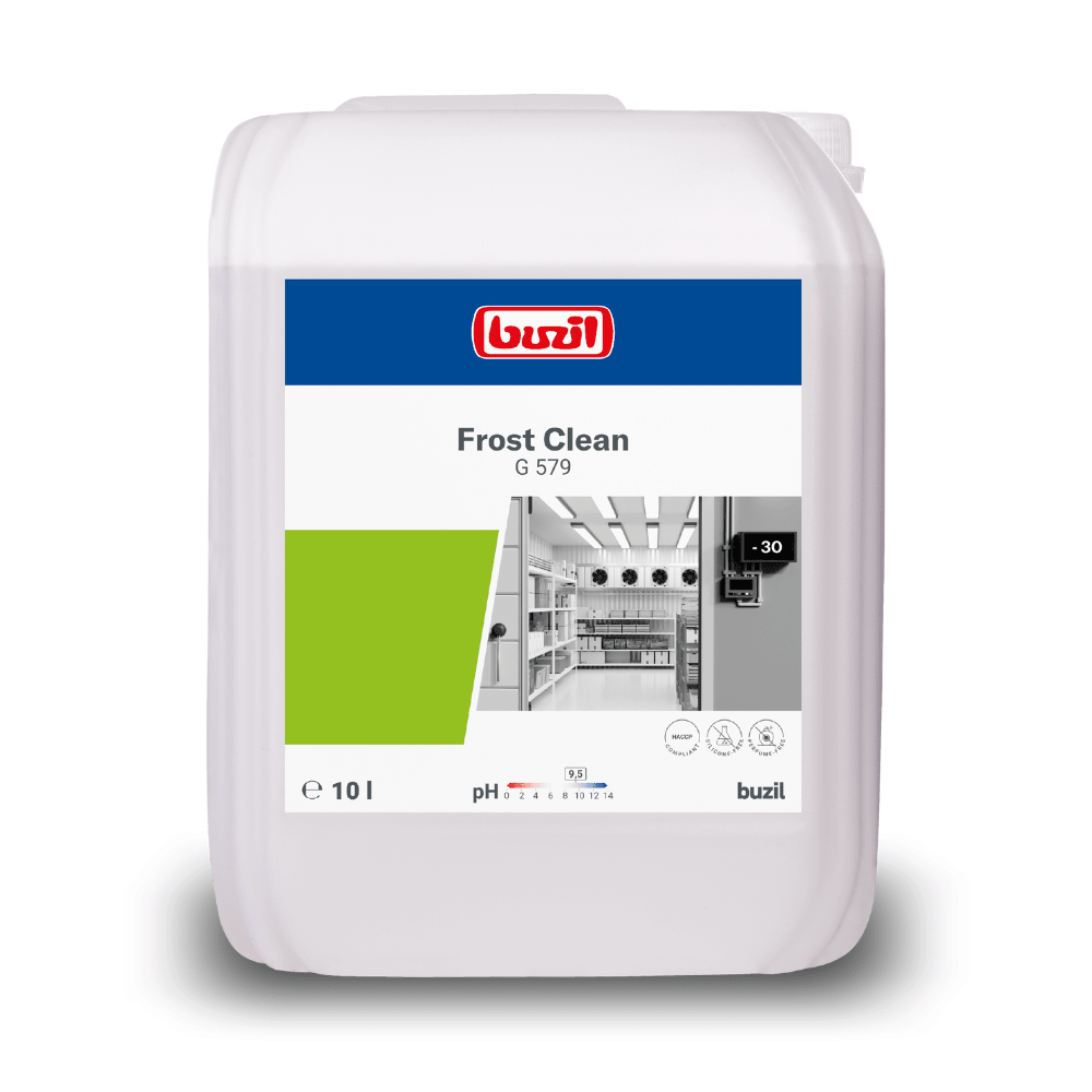 A 10-liter canister of Buzil Frost Clean G 579 deep freeze cleaner down to -30°C from BUZIL-WERK Wagner GmbH & Co. KG, ideal for the food industry, is labeled with the Buzil logo in green and white next to a clean kitchen image. It contains pH information and symbols highlighting the effective cleaning power at temperatures down to -30°C.