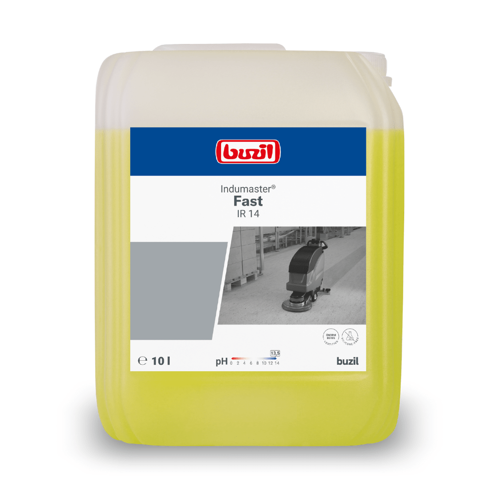A 10-liter container of Buzil Indumaster® Fast IR 14 quick-drying automatic cleaner, perfect for professional cleaning applications. The transparent container displays the red-blue logo of BUZIL-WERK Wagner GmbH & Co. KG as well as product details and an image of a floor cleaning machine in a warehouse.