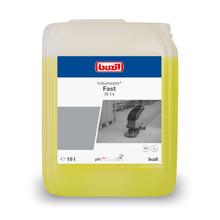 A 10-liter container of Buzil Indumaster® Fast IR 14 quick-drying automatic cleaner, perfect for professional cleaning applications. The transparent container displays the red-blue logo of BUZIL-WERK Wagner GmbH & Co. KG as well as product details and an image of a floor cleaning machine in a warehouse.