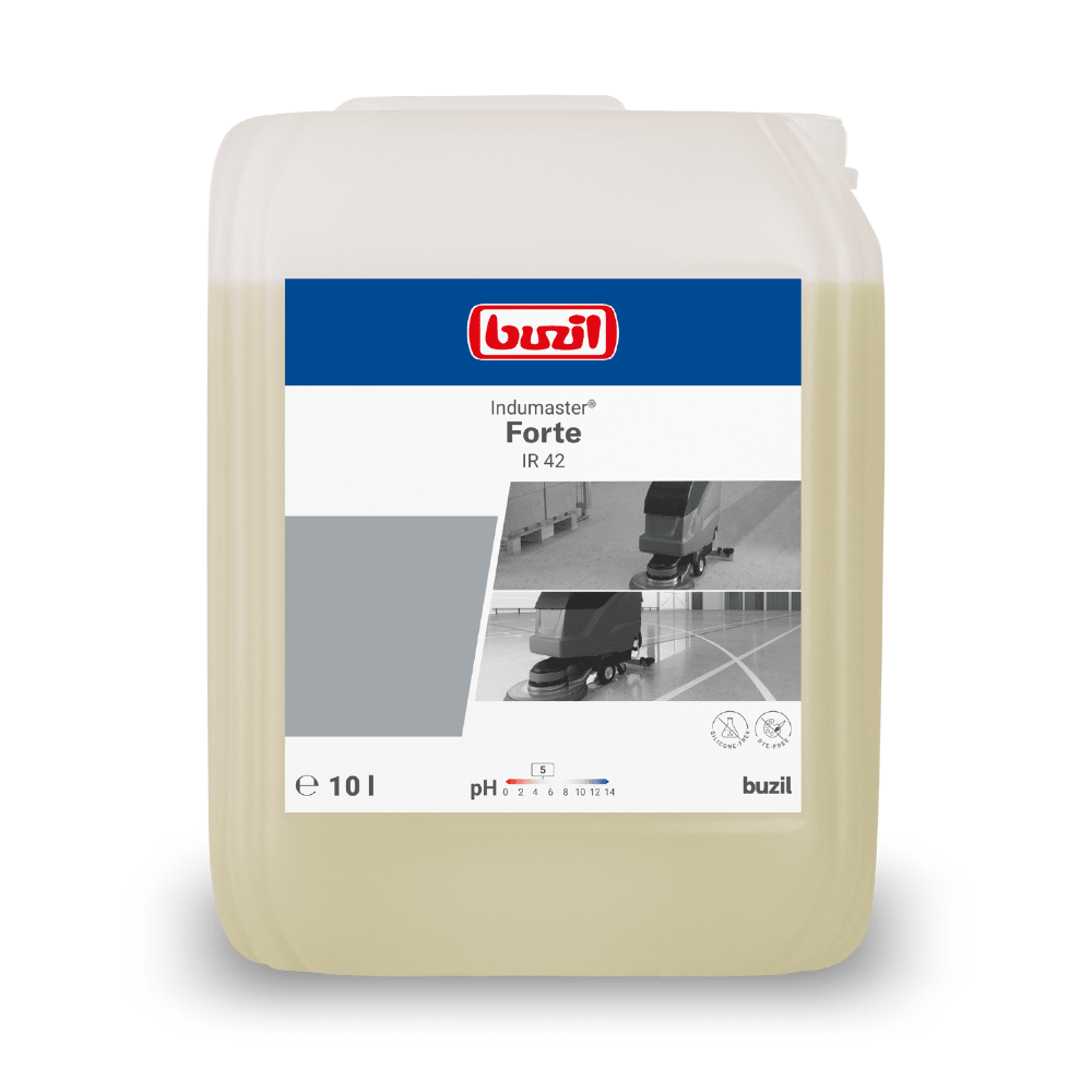 A 10-liter canister of Buzil Indumaster® Forte IR 42 solvent-based industrial and sports floor cleaner from BUZIL-WERK Wagner GmbH & Co. KG serves as an effective cleaner for industrial and sports floors. The light container is marked with a gray-white label featuring the brand logo, product name, and images of cleaning equipment.