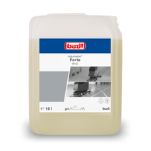 A 10-liter canister of Buzil Indumaster® Forte IR 42 solvent-based industrial and sports floor cleaner from BUZIL-WERK Wagner GmbH & Co. KG serves as an effective cleaner for industrial and sports floors. The light container is marked with a gray-white label featuring the brand logo, product name, and images of cleaning equipment.