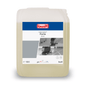 A 10-liter canister of Buzil Indumaster® Forte IR 42 solvent-based industrial and sports floor cleaner from BUZIL-WERK Wagner GmbH & Co. KG serves as an effective cleaner for industrial and sports floors. The light container is marked with a gray-white label featuring the brand logo, product name, and images of cleaning equipment.