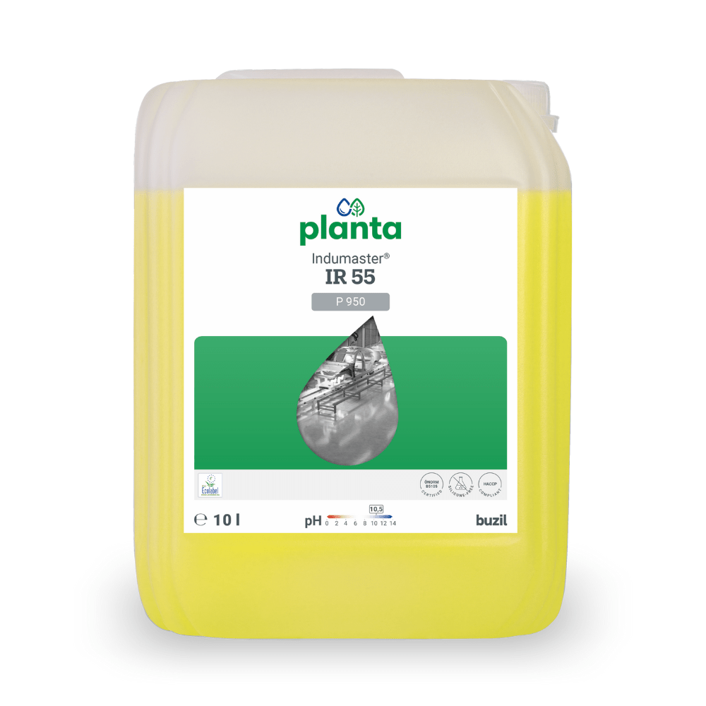 A 10-liter container of Buzil Indumaster® IR 55 P 950, an ecological, universal industrial cleaner. The transparent canister contains a yellow liquid with a white, green-accented label, featuring images of water droplets and industrial pipes, and prominently displays the brand name "BUZIL-WERK Wagner GmbH & Co. KG".