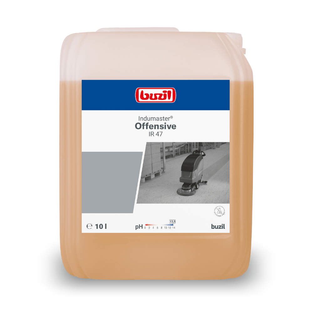 A 10-liter container of Buzil Indumaster® Offensive IR 47 Highly Alkaline Intensive Industrial Cleaner from BUZIL-WERK Wagner GmbH & Co. KG features detailed product information and a small image of a floor cleaning machine on the label. This highly alkaline industrial cleaner is delivered in a rectangular container equipped with a convenient carrying handle on the top.