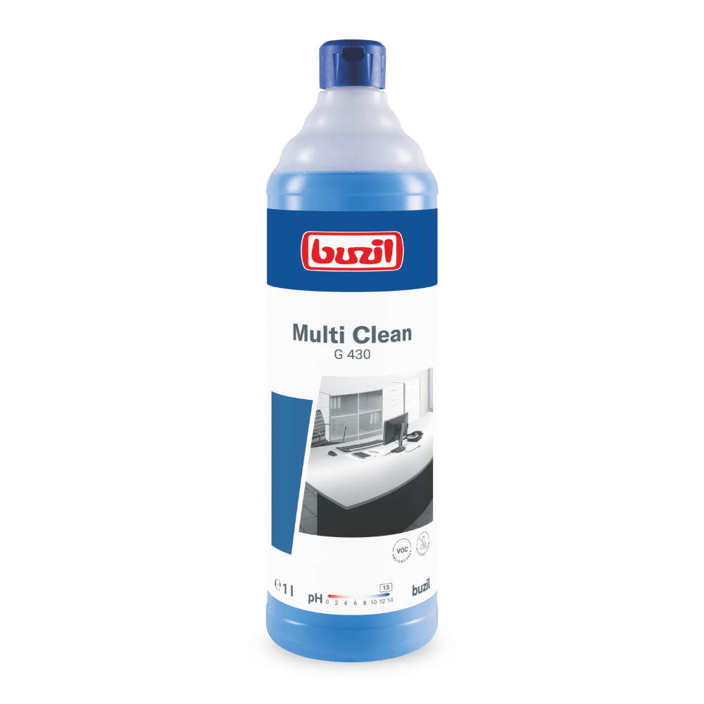 A blue bottle of Buzil Multi Clean G 430 Alkaline Intensive All-Purpose Cleaner is displayed, with a label featuring a red brand and a black and white image of a pristine room. This product, manufactured by BUZIL-WERK Wagner GmbH & Co. KG, is designed as an intensive cleaner to effectively remove stubborn dirt on alkali-resistant surfaces. The bottle comes with a matching blue cap.