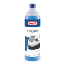 A blue bottle of Buzil Multi Clean G 430 Alkaline Intensive All-Purpose Cleaner is displayed, with a label featuring a red brand and a black and white image of a pristine room. This product, manufactured by BUZIL-WERK Wagner GmbH & Co. KG, is designed as an intensive cleaner to effectively remove stubborn dirt on alkali-resistant surfaces. The bottle comes with a matching blue cap.