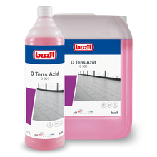 A large and a small bottle of Buzil O Tens Azid G 501, a surfactant-free cleaner from BUZIL-WERK Wagner GmbH & Co. KG, with pink liquid specifically developed for porcelain stoneware tiles. The bottles display an image of a tiled floor and contain information about the product's pH value.