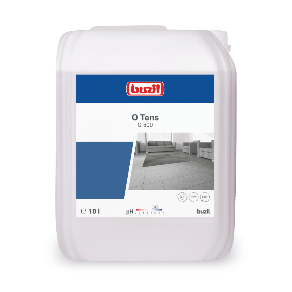 Pictured is a 10-liter container of Buzil O Tens G 500 Surfactant-Free Universal Cleaner on Citrate Base from BUZIL-WERK Wagner GmbH & Co. KG. The label displays the brand logo, product name, and an image of a tiled floor. It highlights the citrate-based formula for surfaces with low re-soiling and indicates the pH value alongside eco-friendly symbols.
