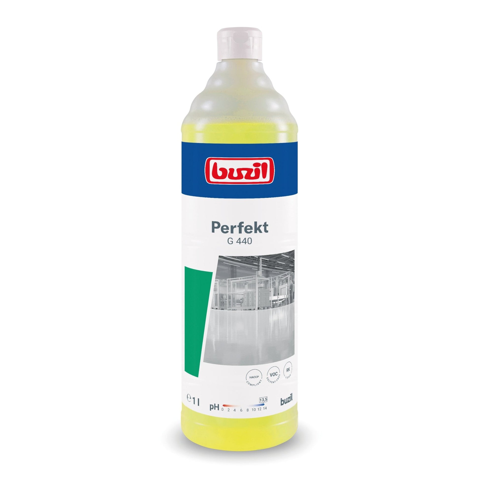 A 1-liter bottle of Buzil Perfekt G 440 Alkaline Intensive Power Cleaner Floor Cleaner from BUZIL-WERK Wagner GmbH & Co. KG is perfect for treating oil and grease-containing surfaces. The label combines blue, white, and green accents with a cleanroom image showing the pH value and usage symbols, and is sealed with a white cap.