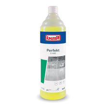A 1-liter bottle of Buzil Perfekt G 440 Alkaline Intensive Power Cleaner Floor Cleaner from BUZIL-WERK Wagner GmbH & Co. KG is perfect for treating oil and grease-containing surfaces. The label combines blue, white, and green accents with a cleanroom image showing the pH value and usage symbols, and is sealed with a white cap.