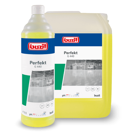 Pictured are two containers of Buzil Perfekt G 440 Alkaline Intensive Power Cleaner Floor Cleaner from BUZIL-WERK Wagner GmbH & Co. KG. The smaller one, a one-liter bottle with a screw cap, and the larger plastic canister are labeled with images from an industrial environment. This cleaner is particularly effective on oil and grease-containing surfaces.