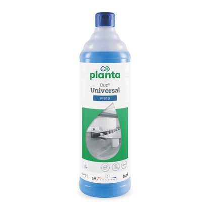A 1-liter bottle of Buzil Planta Buz® Universal P 910 Ecological Universal Cleaner from BUZIL-WERK Wagner GmbH & Co. KG with a blue cap and a label featuring product details such as a pH indicator, the EU Ecolabel, and a room image.