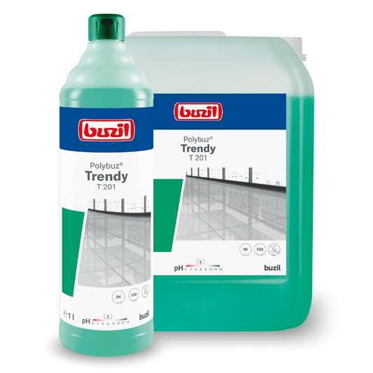 Image of two containers of Buzil Polybuz® Trendy T 201 gloss cleaner based on alcohol from BUZIL-WERK Wagner GmbH & Co. KG. The front container is a 1-liter bottle with green liquid and a black cap, behind which a larger container is positioned. Labels with product name and brand are attached to both containers.