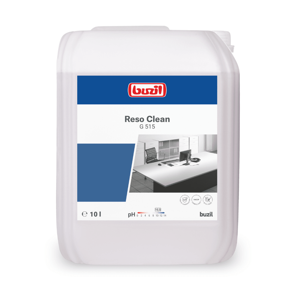 The white plastic container bears a blue label with the brand "BUZIL-WERK Wagner GmbH & Co. KG" and the product name "Buzil Reso Clean G 515 Ready-to-Use Spray Cleaner." It holds 10 liters of liquid and promises streak-free shine on kitchen surfaces, making it suitable as a spray cleaner for spotless results.