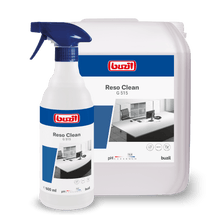 Two containers of Buzil Reso Clean G 515 Ready-to-Use Spray Cleaner from BUZIL-WERK Wagner GmbH & Co. KG are shown, emphasizing their powerful cleanliness. The smaller one is a spray bottle and the larger one is a refill container. Both have blue labels with product details and branding for a streak-free shine.