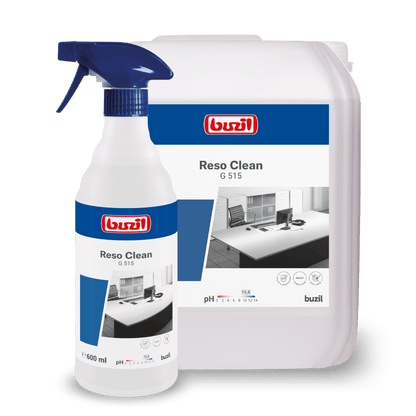 Two containers of Buzil Reso Clean G 515 Ready-to-Use Spray Cleaner from BUZIL-WERK Wagner GmbH & Co. KG are shown, emphasizing their powerful cleanliness. The smaller one is a spray bottle and the larger one is a refill container. Both have blue labels with product details and branding for a streak-free shine.