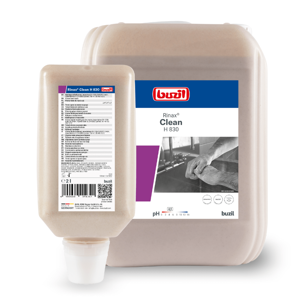 The image shows two containers of Buzil Rinax® Clean H 830 hand wash lotion from BUZIL-WERK Wagner GmbH & Co. KG. The larger container is a jug with a handle, while the smaller one is a bottle with a dosing cap. Both labels emphasize the gentle cleaning and professional hygiene of the hands, thereby highlighting the formulation of the hand wash lotion.
