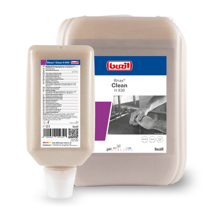 The image shows two containers of Buzil Rinax® Clean H 830 hand wash lotion from BUZIL-WERK Wagner GmbH & Co. KG. The larger container is a jug with a handle, while the smaller one is a bottle with a dosing cap. Both labels emphasize the gentle cleaning and professional hygiene of the hands, thereby highlighting the formulation of the hand wash lotion.