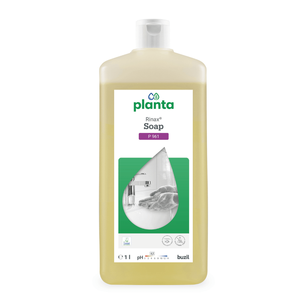 A 1-liter bottle of Buzil Rinax® Soap P 961, produced by BUZIL-WERK Wagner GmbH & Co. KG, features a droplet-shaped label design showing a person washing hands under a faucet. The label clearly displays the green logo and symbols for ecological benefits and pH balance, highlighting the function of the eco-friendly, skin-friendly, and ecological hand wash lotion.