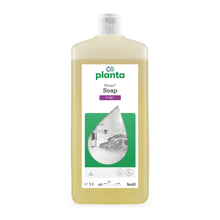 A 1-liter bottle of Buzil Rinax® Soap P 961, produced by BUZIL-WERK Wagner GmbH & Co. KG, features a droplet-shaped label design showing a person washing hands under a faucet. The label clearly displays the green logo and symbols for ecological benefits and pH balance, highlighting the function of the eco-friendly, skin-friendly, and ecological hand wash lotion.