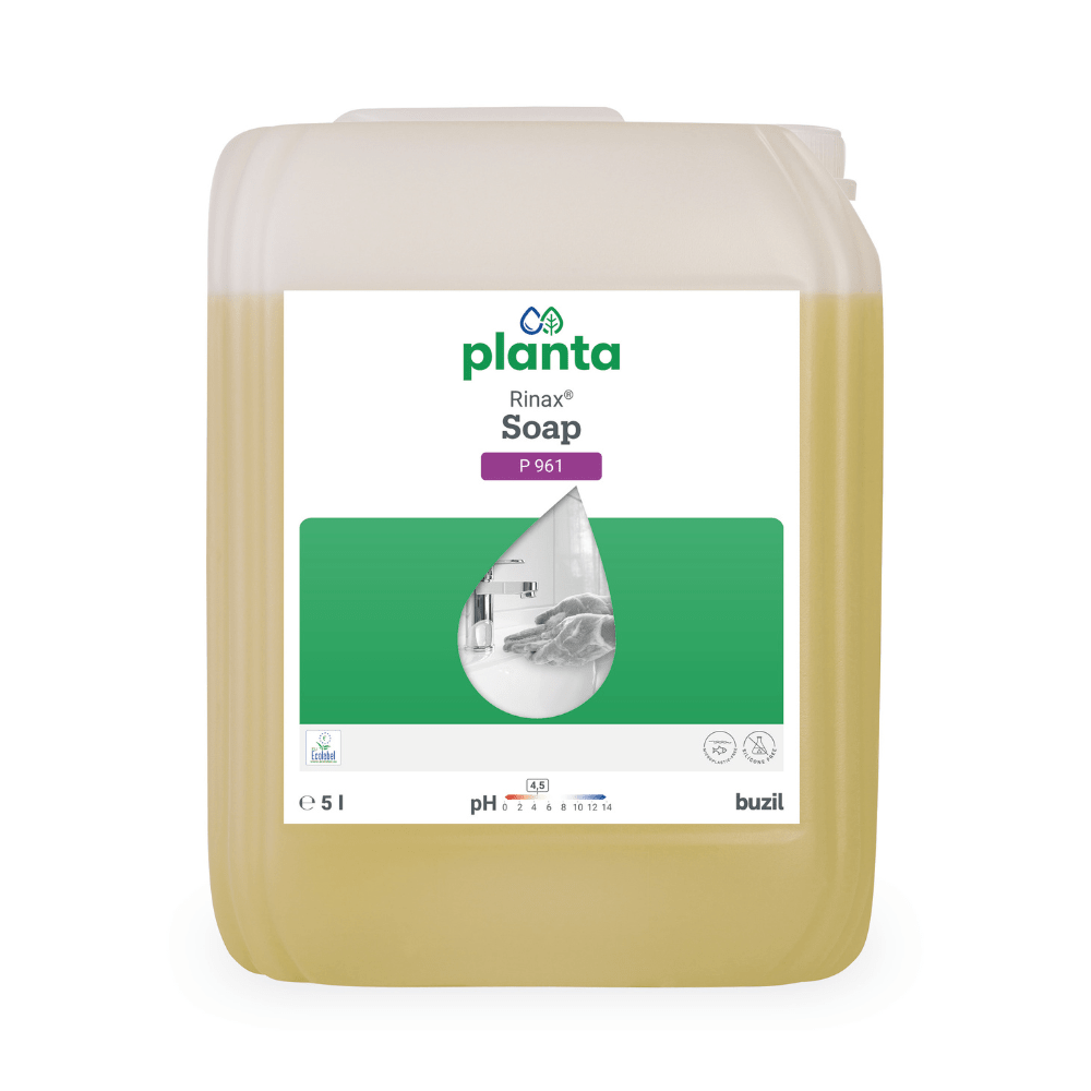 Container with Buzil Rinax® Soap P 961, a 5-liter product from BUZIL-WERK Wagner GmbH & Co. KG. It features a green label with product information and a droplet-shaped graphic. The liquid inside is pale yellow. This ecological hand wash lotion is skin-friendly and environmentally friendly.