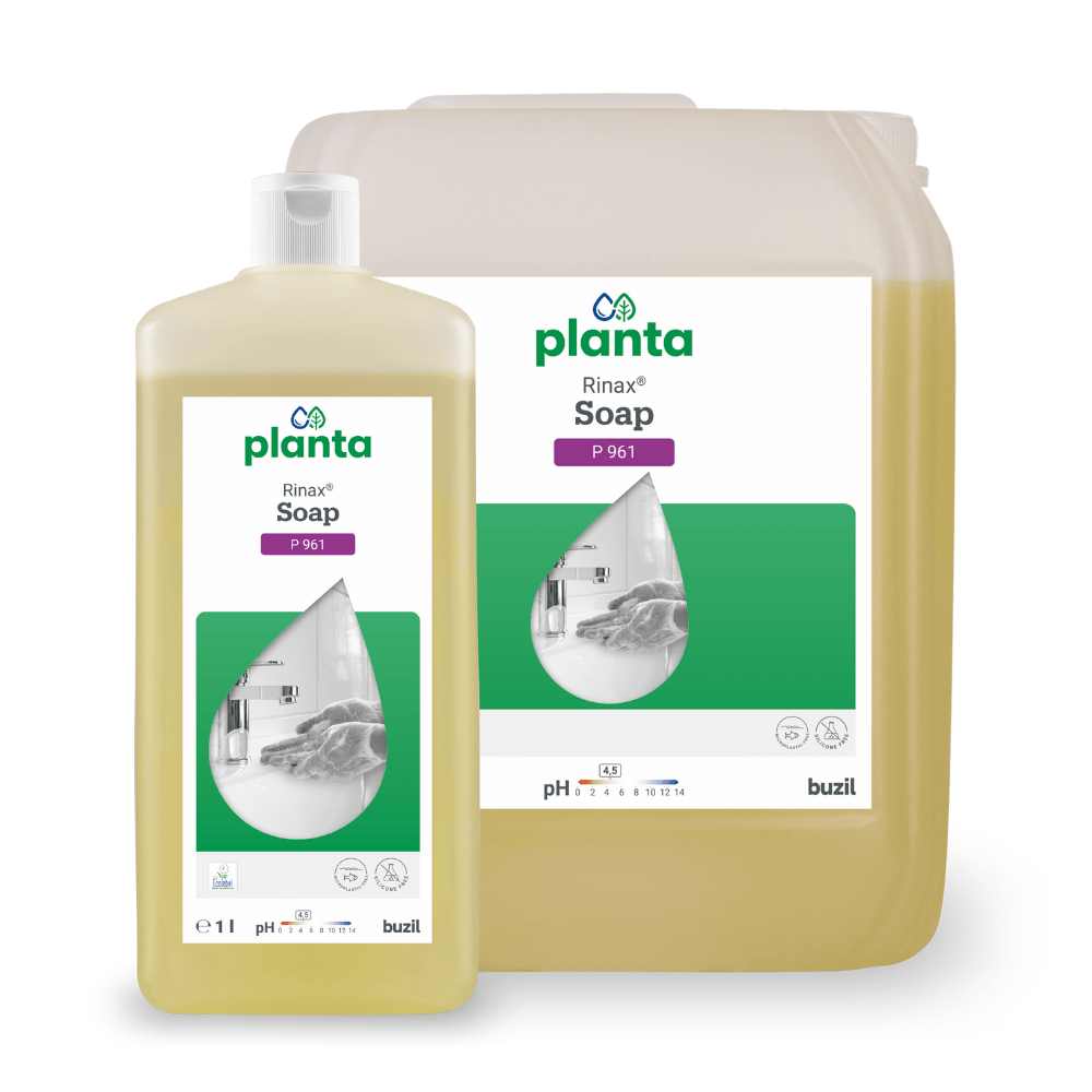 Displayed are a bottle and a large container of Buzil Rinax® Soap P 961, with a yellow liquid inside and the same green-white label design. This eco-friendly, skin-friendly formula emphasizes its purpose as an ecological hand wash lotion from BUZIL-WERK Wagner GmbH & Co. KG.