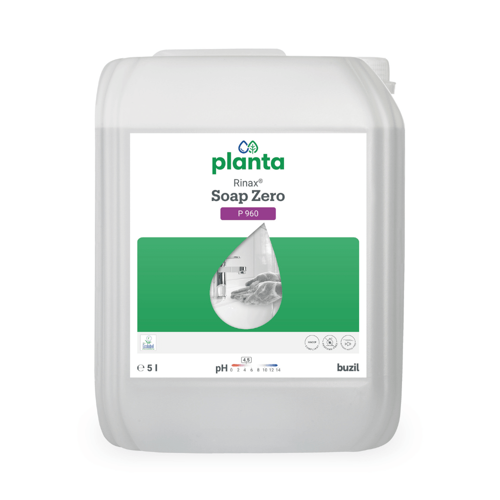 Image of a 5-liter container labeled "Buzil Rinax® Soap Zero P 960 Ecological Hand Wash Lotion" by BUZIL-WERK Wagner GmbH & Co. KG. The label shows the pH value and other details and features a grayscale image of a kitchen in a green water droplet graphic, highlighting the company's commitment to sustainable cleaning practices.