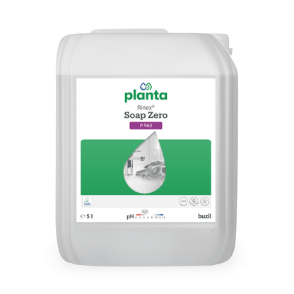 Image of a 5-liter container labeled "Buzil Rinax® Soap Zero P 960 Ecological Hand Wash Lotion" by BUZIL-WERK Wagner GmbH & Co. KG. The label shows the pH value and other details and features a grayscale image of a kitchen in a green water droplet graphic, highlighting the company's commitment to sustainable cleaning practices.