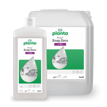 Image of two containers Buzil Rinax® Soap Zero P 960 Ecological Hand Wash Lotion by BUZIL-WERK Wagner GmbH & Co. KG. The smaller bottle is in front of a larger jug. Both have white labels with a green droplet shape, a kitchen image, and pH information. This soap, known for its skin-friendliness, supports sustainable cleaning practices with environmentally friendly ingredients.