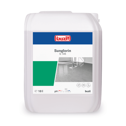 A 10-liter plastic container labeled "Buzil Sunglorin G 145 self-gloss emulsion floor cleaner" from BUZIL-WERK Wagner GmbH & Co. KG contains a floor cleaning solution, ideal for water-resistant coatings, with a floor cleaning image and pH indication.